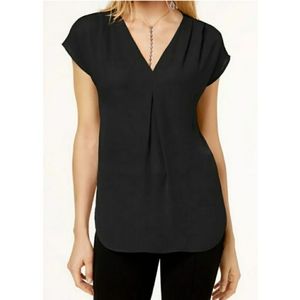 INC International Concepts Inverted-Pleat V-Neck Black Blouse